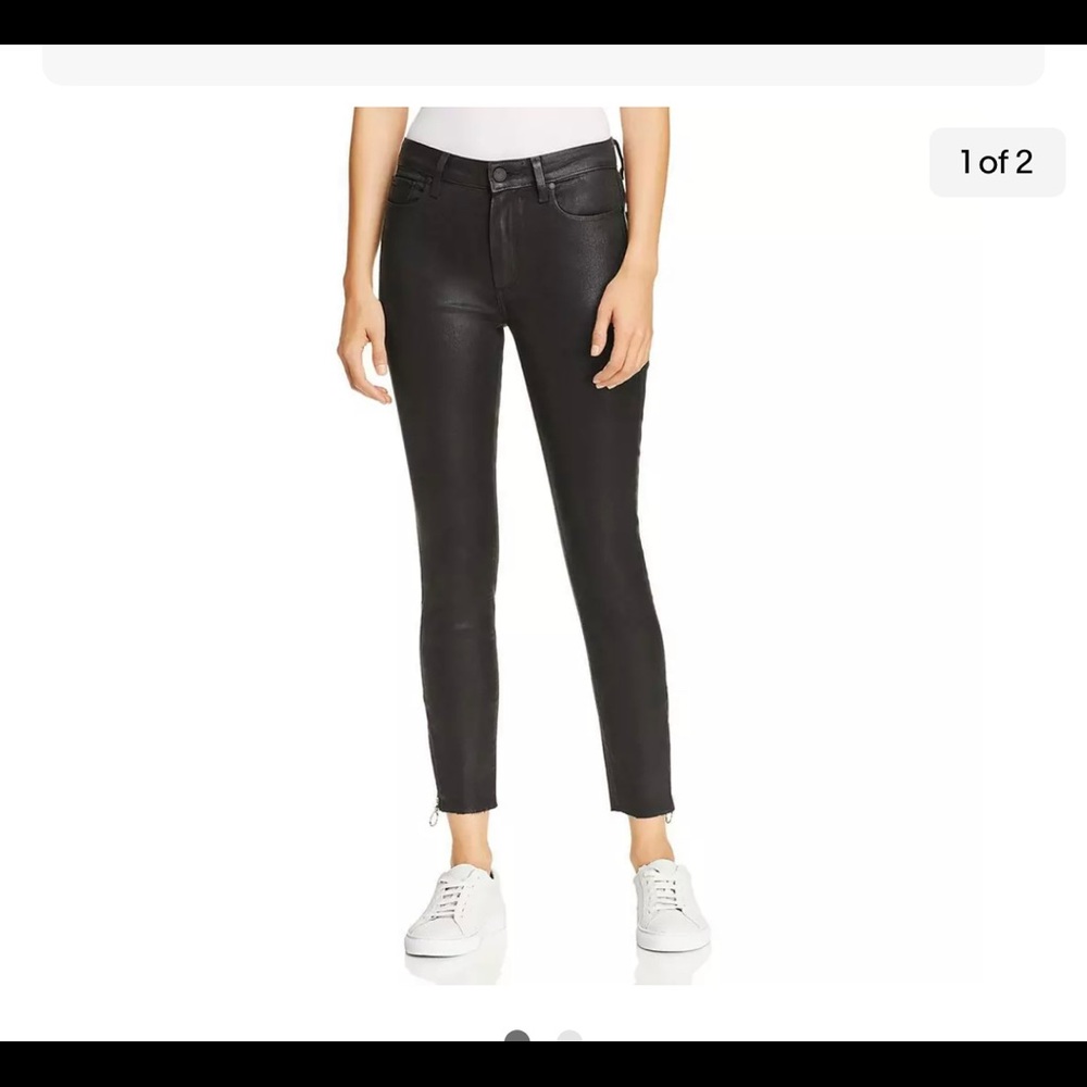 NWT Paige Hoxton Black Coated High Rise Ankle Zipper Raw Hem Jeans Pants 23